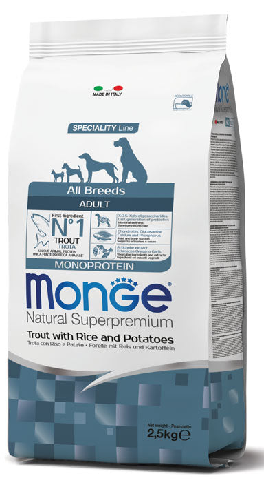 MONGE All Breeds Adult Monoprotein Trota con Riso e Patate 2,5kg